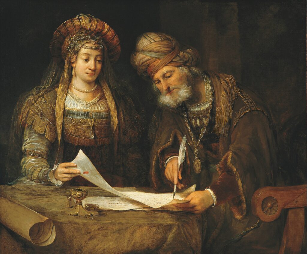 Esther and Mordecai Writing the First Purim Letter by Aert de Gelder, c. 1685